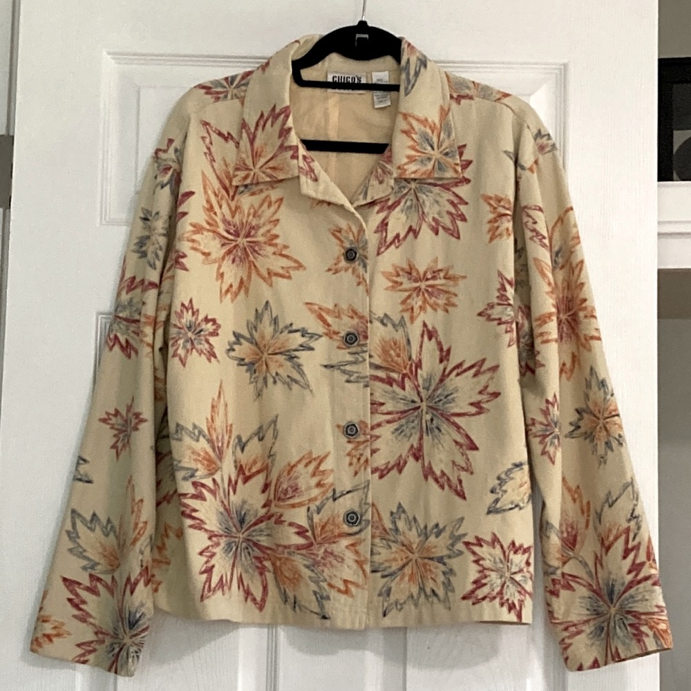 Perfect Tan/Red/Orange/Blue Button Autumn Fall Foliage Embroidered Swing Jacket